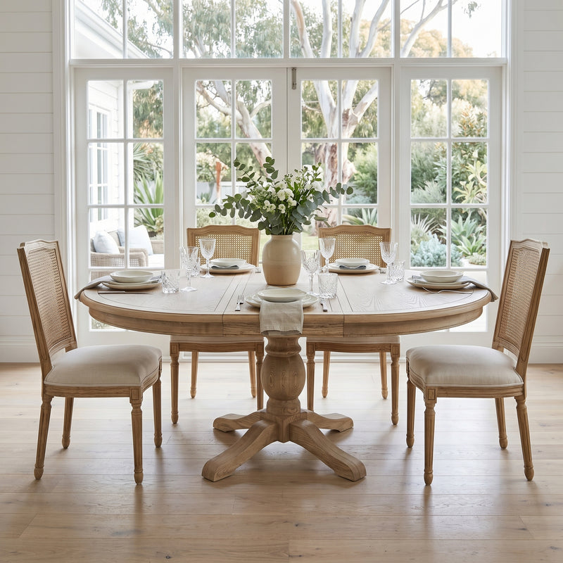 French Provincial Farmhouse 140-180cm Pedestal Extendable Round Dining Table Elm wood