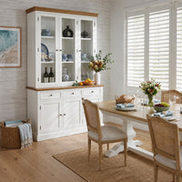 Hamptons Coastal Hutch and Buffet Tempered Glass Display Cabinet with 3 Drawers in WHITE