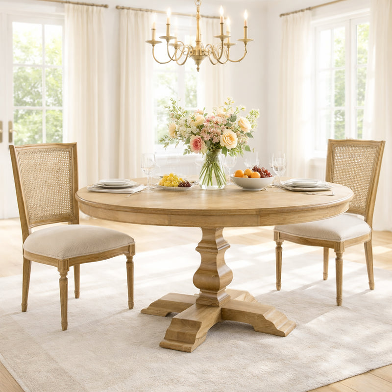 Classic French Provincial Extendable Round Dining Pedestal Table in Natural Ash Wood 120CM - 170CM